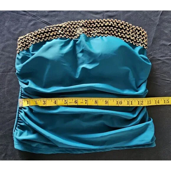 Medium Strapless Bandeau Tankini Swimsuit Set Teal Blue Ruched 2-Piece NWOT - Picture 6 of 10